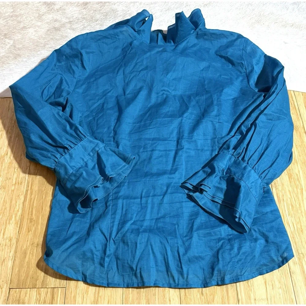 OSCAR DE LA RENTA blue cotton sleeveless ruffle front button blouse Size 12 $228